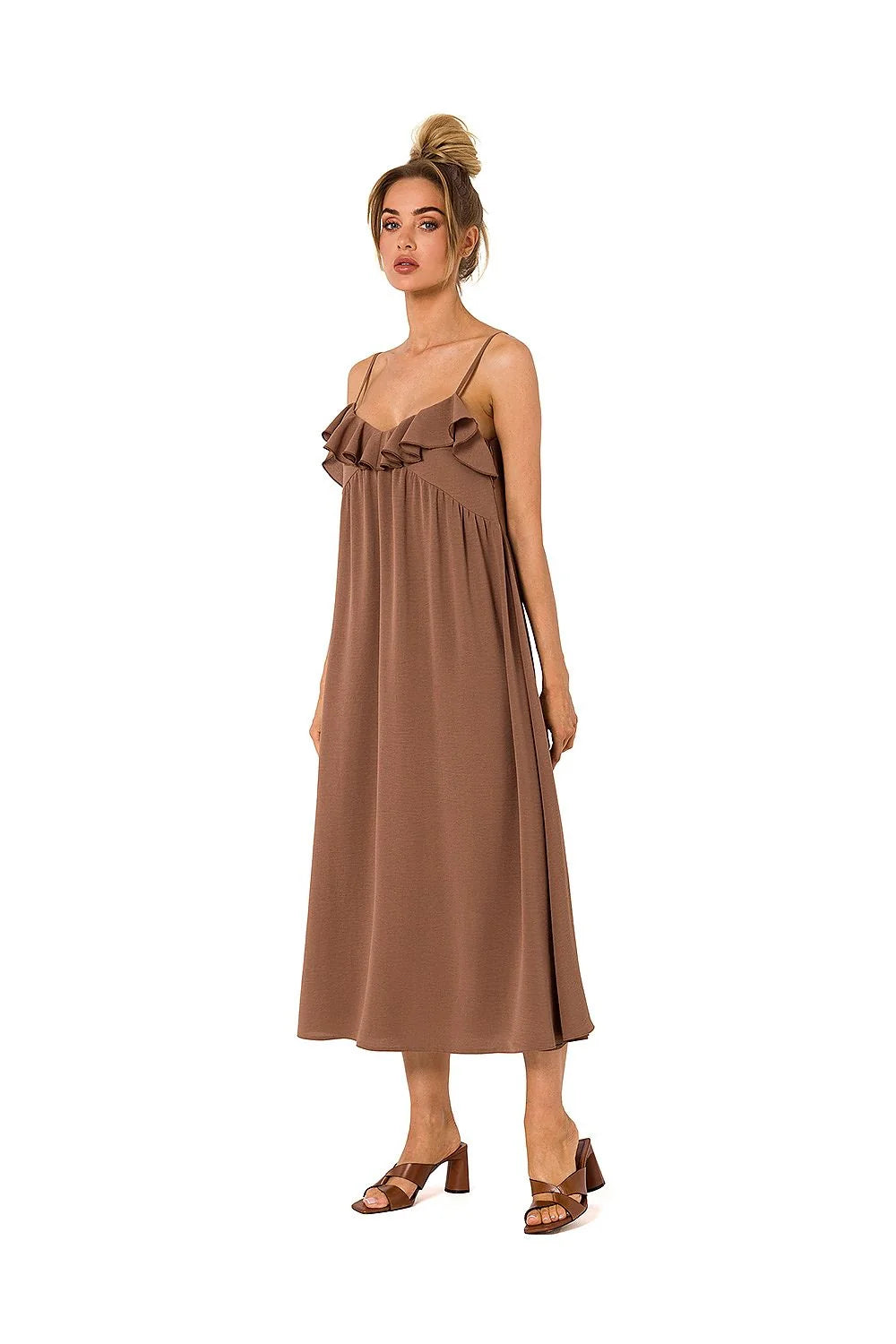 Robe de jour Moe élégante en polyester 95% avec bretelles fines et volants au décolleté en V pour femme, taille ajustable, longueur midi