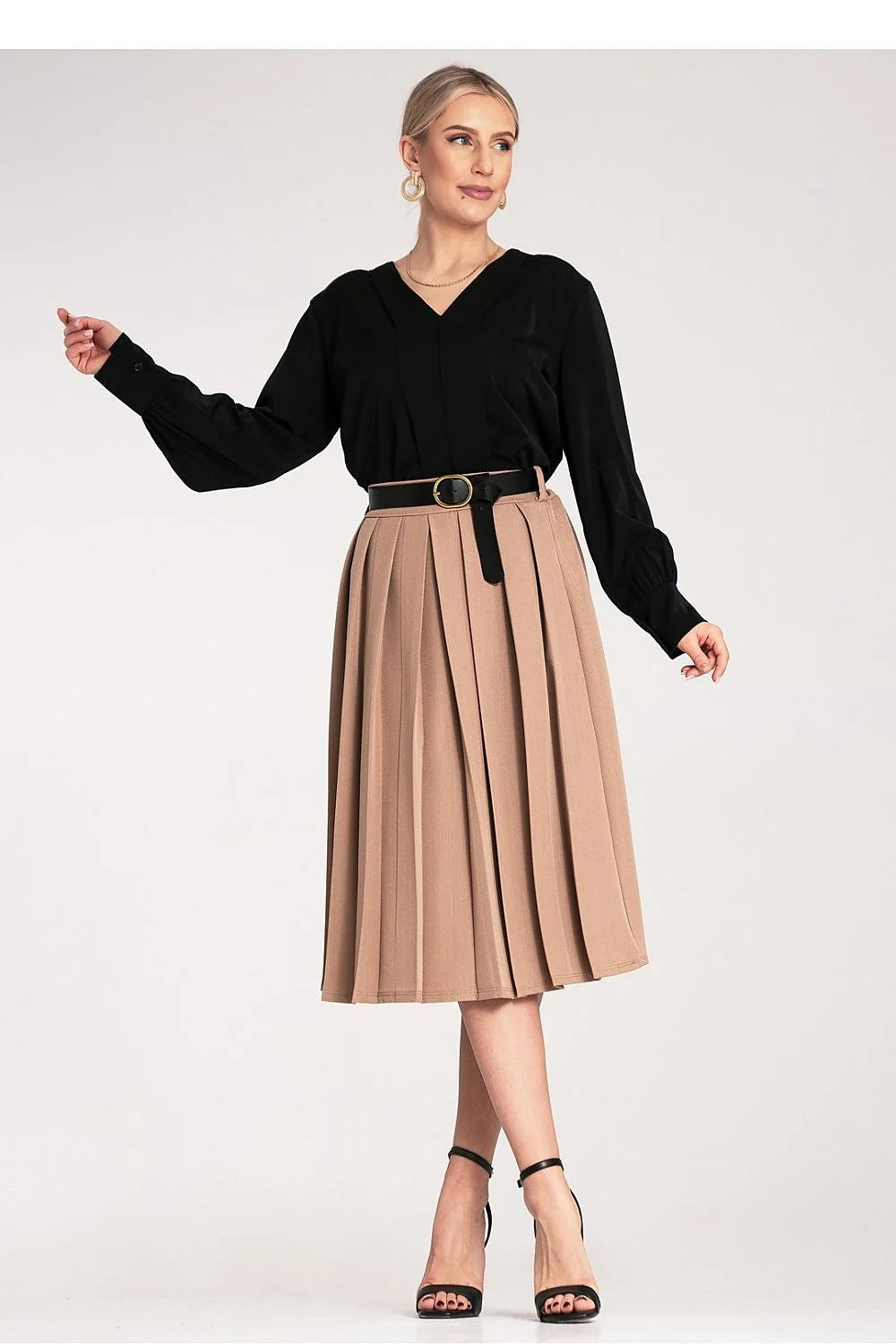 Jupe plissée élégante longueur midi taille haute ceinture noire femme polyester elasthanne robe professionnelle occasion formelle