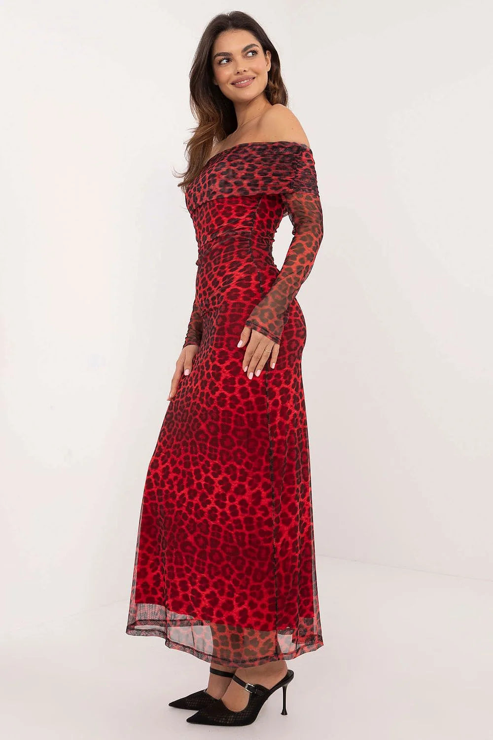 Robe de soirée élégante longue manches longues encaustique animalière rouge noire femme occasion formelle