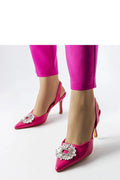 escarpins femme satin fuchsia bout pointu talon aiguille huit centimètres slingback bride arrière large boucle cristaux baguette strass
