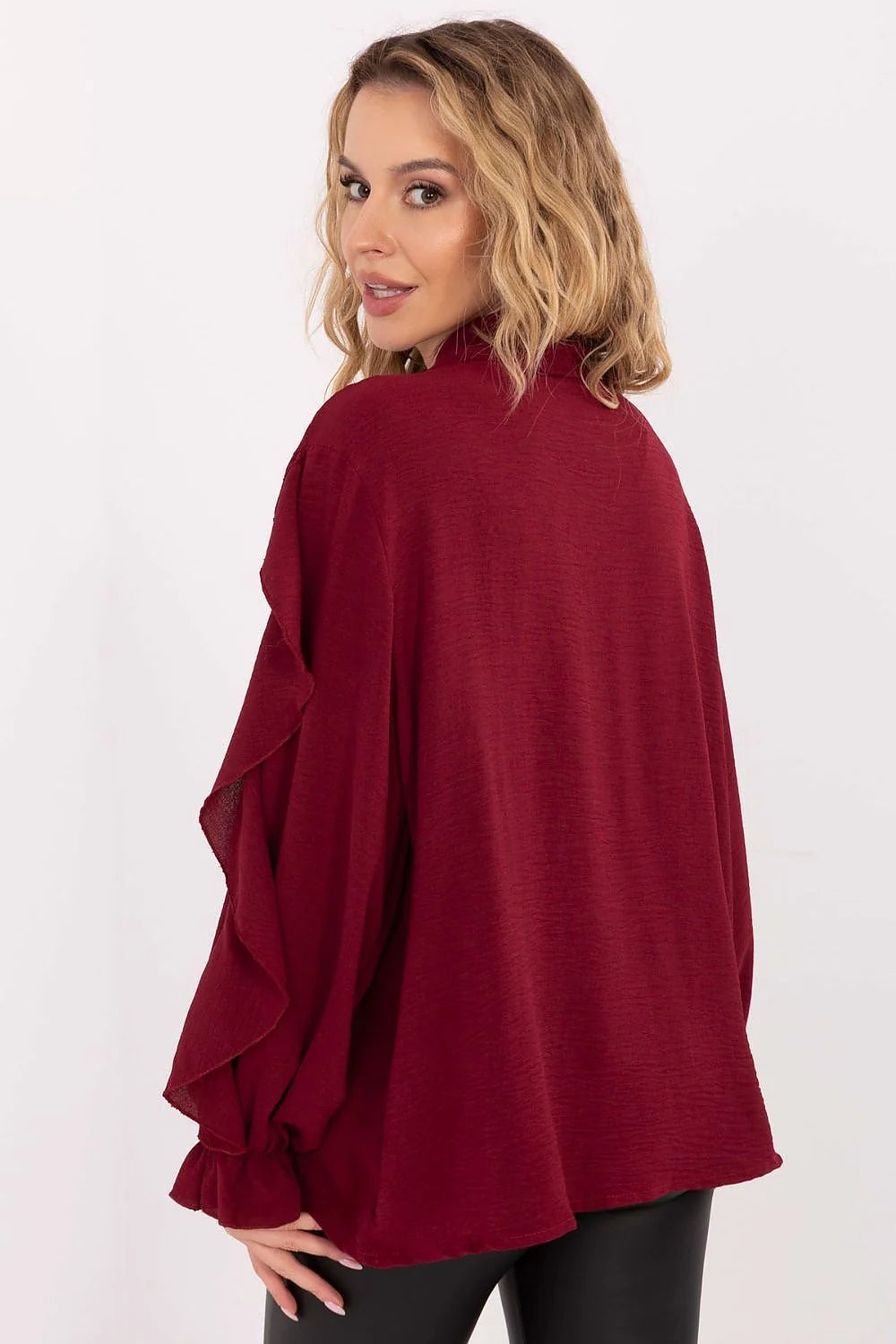 chemisier femme mousseline bordeaux viscose douce confortable fluide romantique chic classique col chemise volants manches bouffantes poignets froncés jabot décoratif