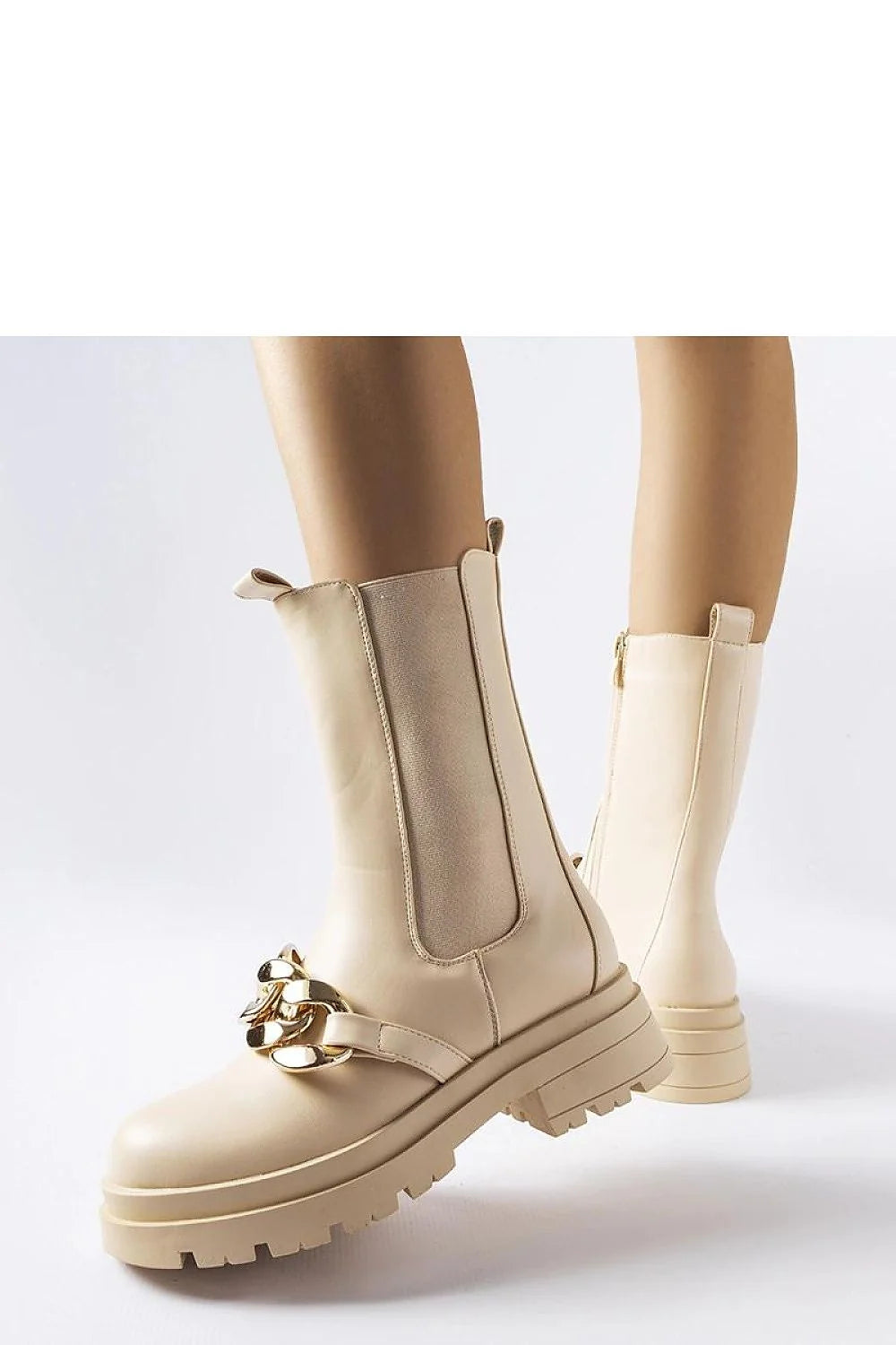 bottines mi mollet beige crème similicuir vegan talon moyen bloc semelle crantée fermeture éclair latérale chaîne dorée oversize rock chic