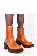 bottines talon bloc 75mm cuir écologique cognac mi mollet bout rond coutures épurées zip intérieur semelle crantée confortable