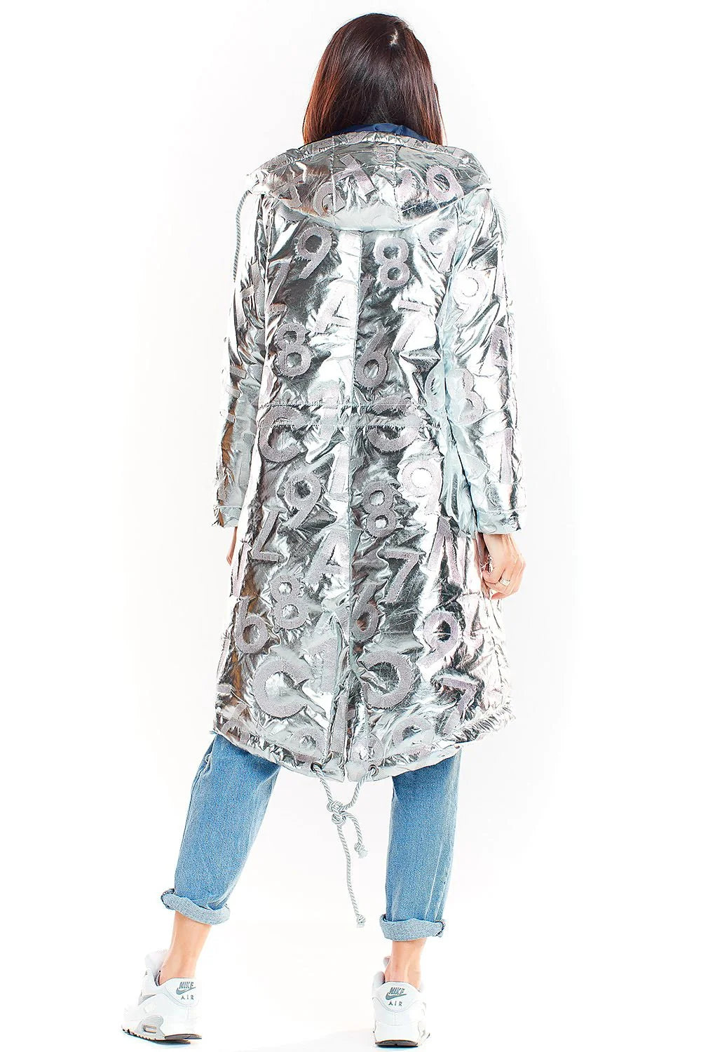 Manteau oversize brillant polyester femme moderne capuche intégrée fermeture éclair style polonais contrasté élégant