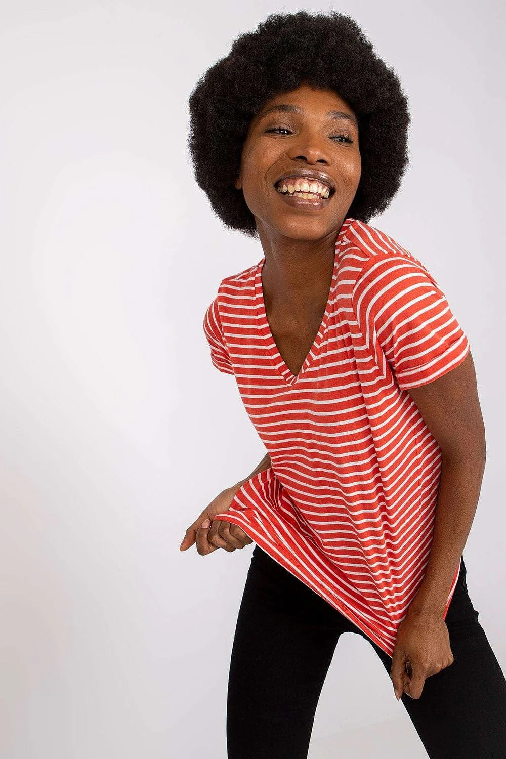 T-shirt Stitch&Soul rayures rouges et blanches manches courtes col en V coton 100% polyvalent femme