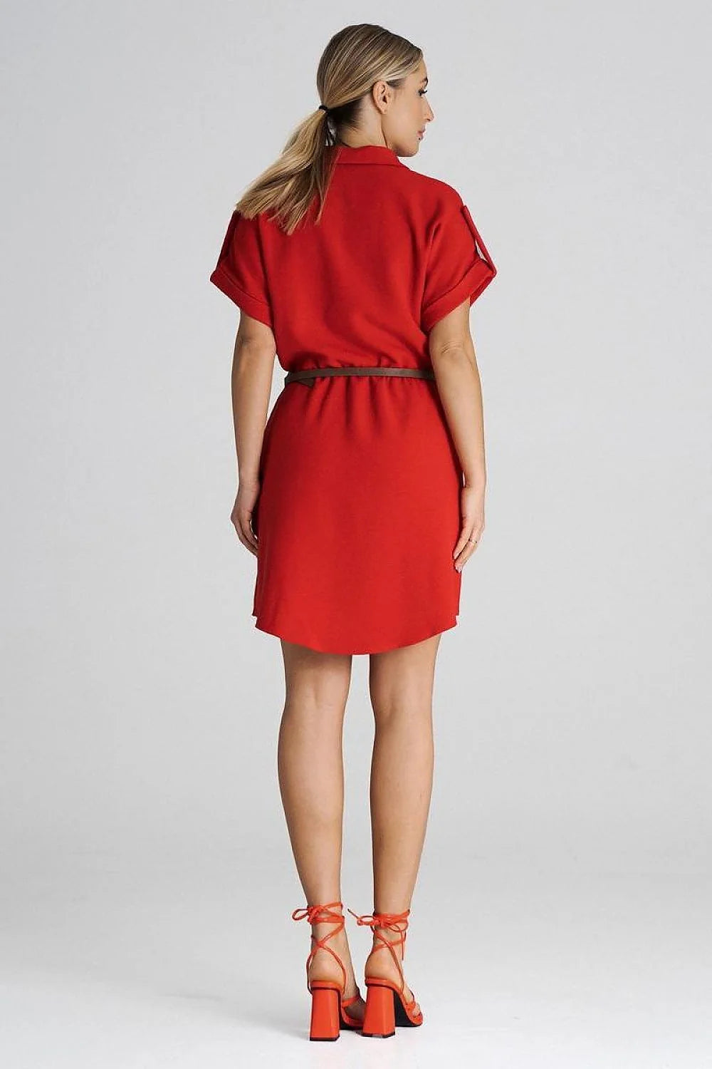 Robe de jour élégante pour femme couleur rouge vif ceinture ajustable col chemise manches courtes