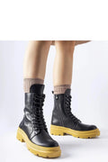 bottes Solea femmes cuir ecologique noir mi mollet lacets fermeture eclair laterale semelle epaisse jaune moutarde rainures profondes confortable moderne