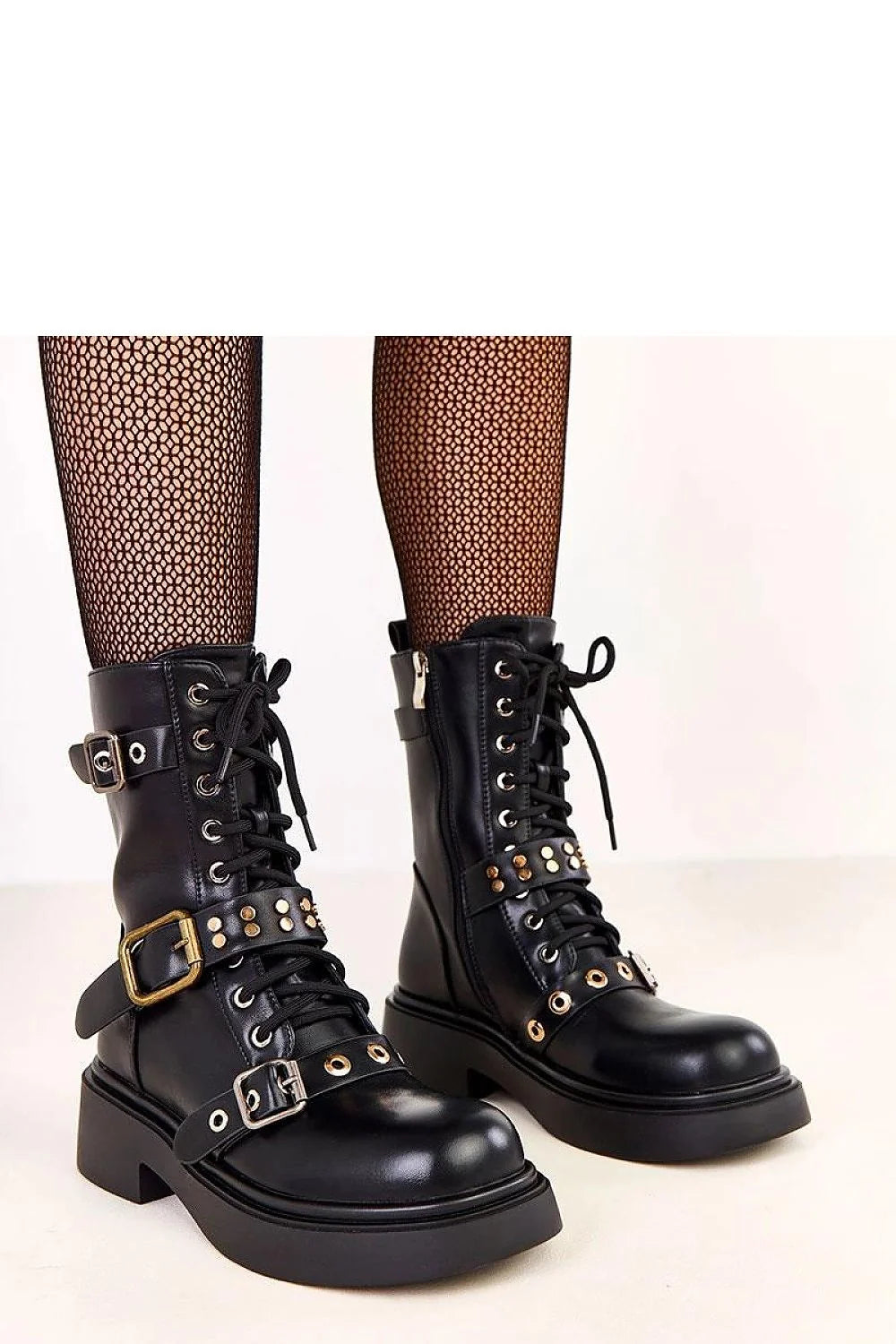 bottines femme cheville similicuir noir motardes plateforme crantée semelle épaisse lacets zippée boucles strass clous doublure isolante talon 5cm confortables