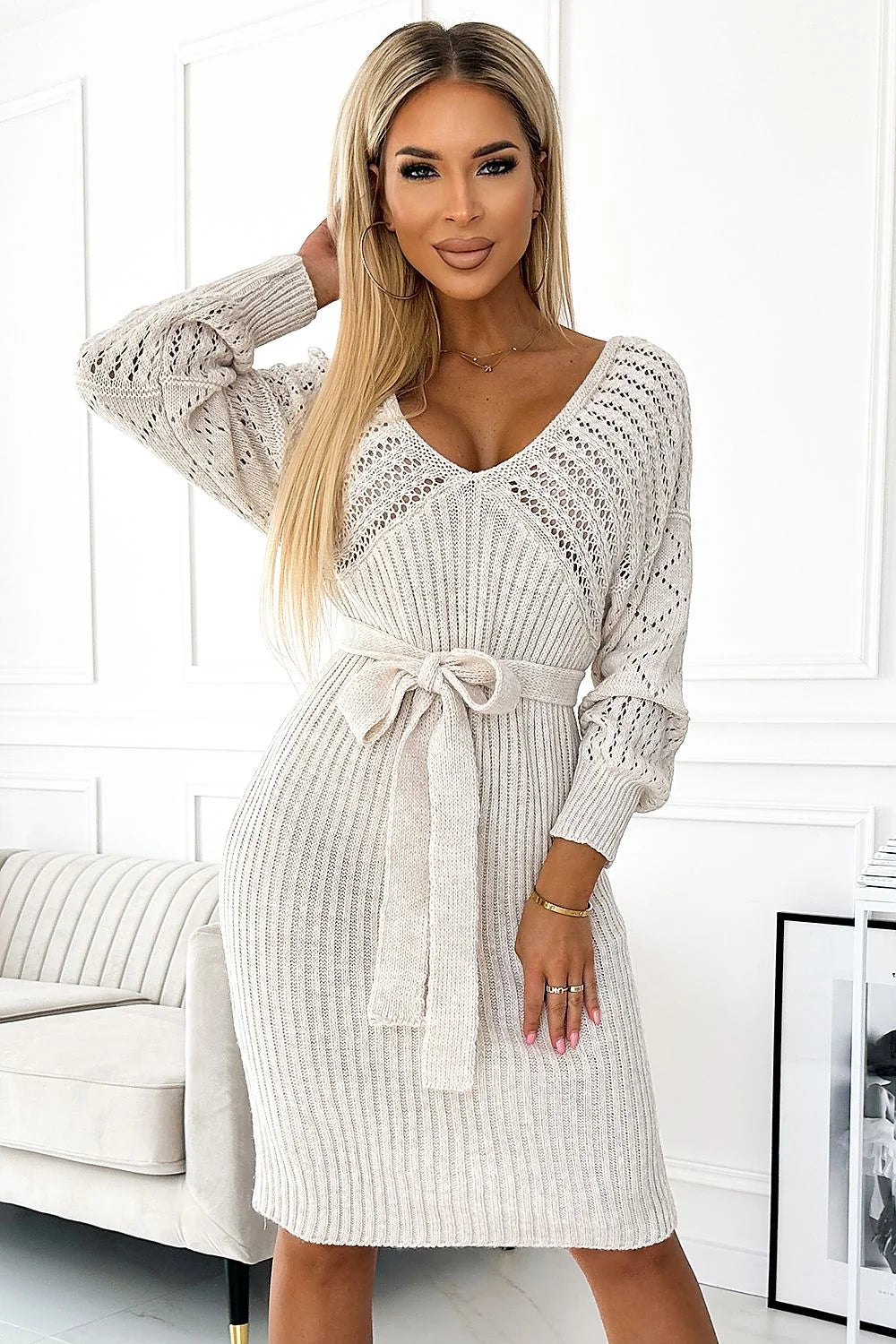 robe maille ajourée midi manches ballon col V ceinture nouée beige écru ajustée côtelée extensible douce élégante chic automne hiver