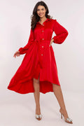 Robe de cocktail Lakerta élégante longue manches longues dos asymétrique couleur rouge vif tissu satiné ceinture ajustable femmes