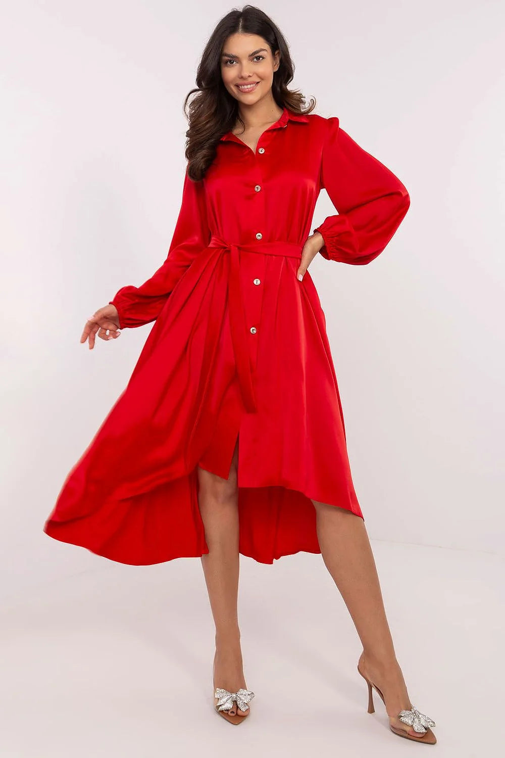 Robe de cocktail Lakerta élégante longue manches longues dos asymétrique couleur rouge vif tissu satiné ceinture ajustable femmes