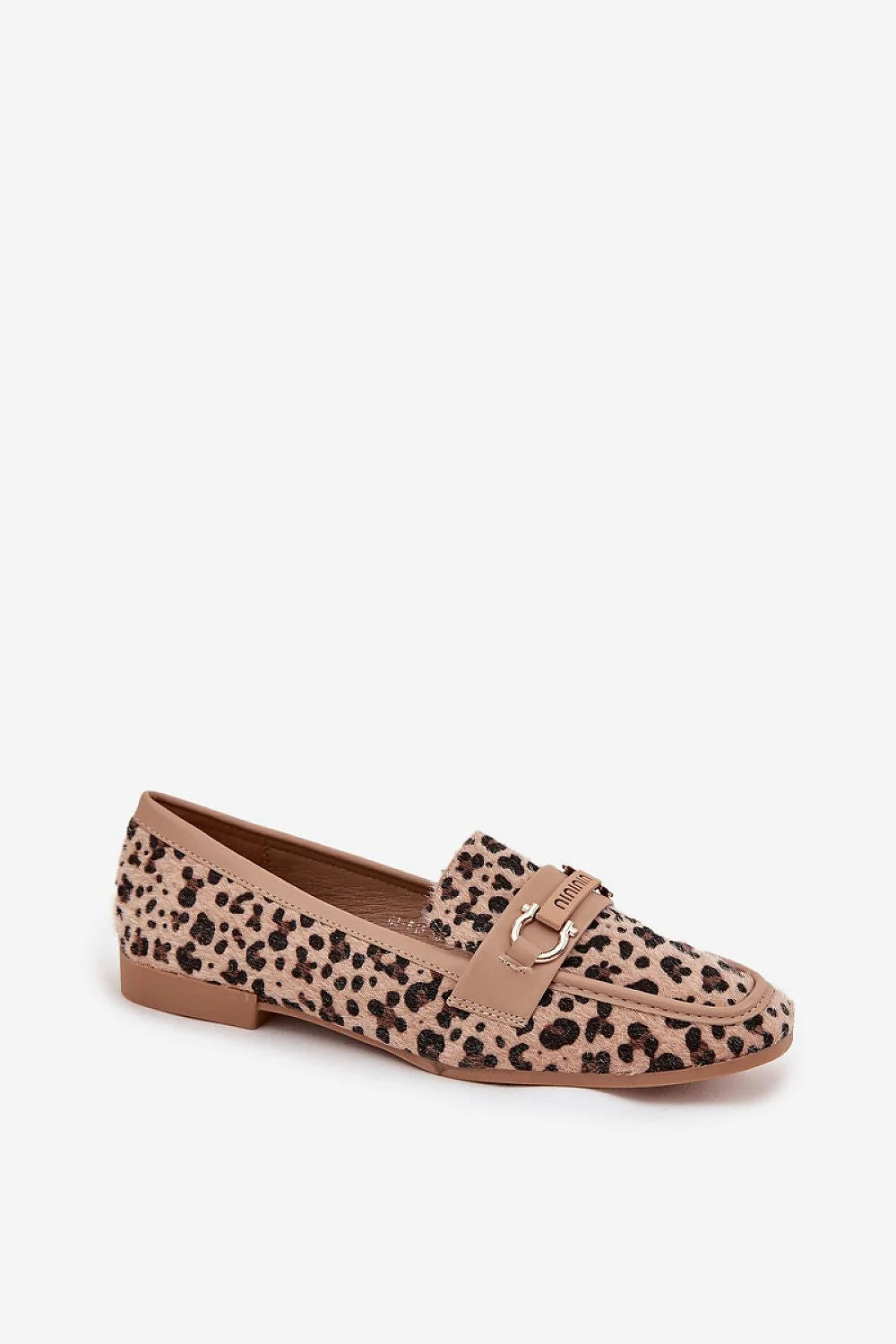 mocassins femme imprimé léopard beige noir effet pony poils bordures cuir synthétique taupe bout carré arrondi mors doré horsebit slipon