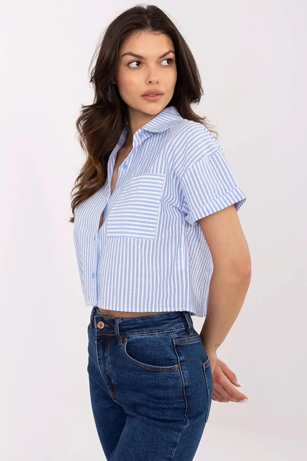 Chemise manche courte femme rayures bleu blanc col classique coton respirant poche poitrine été