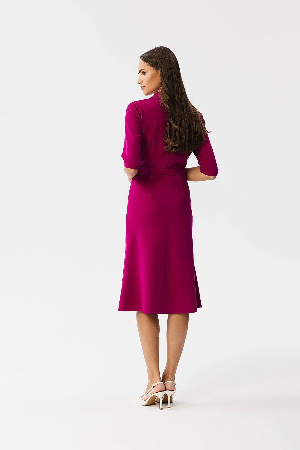 Robe élégante fuchsia robe jour Stylove col revers manches coudées jupe évasée taille ajustée