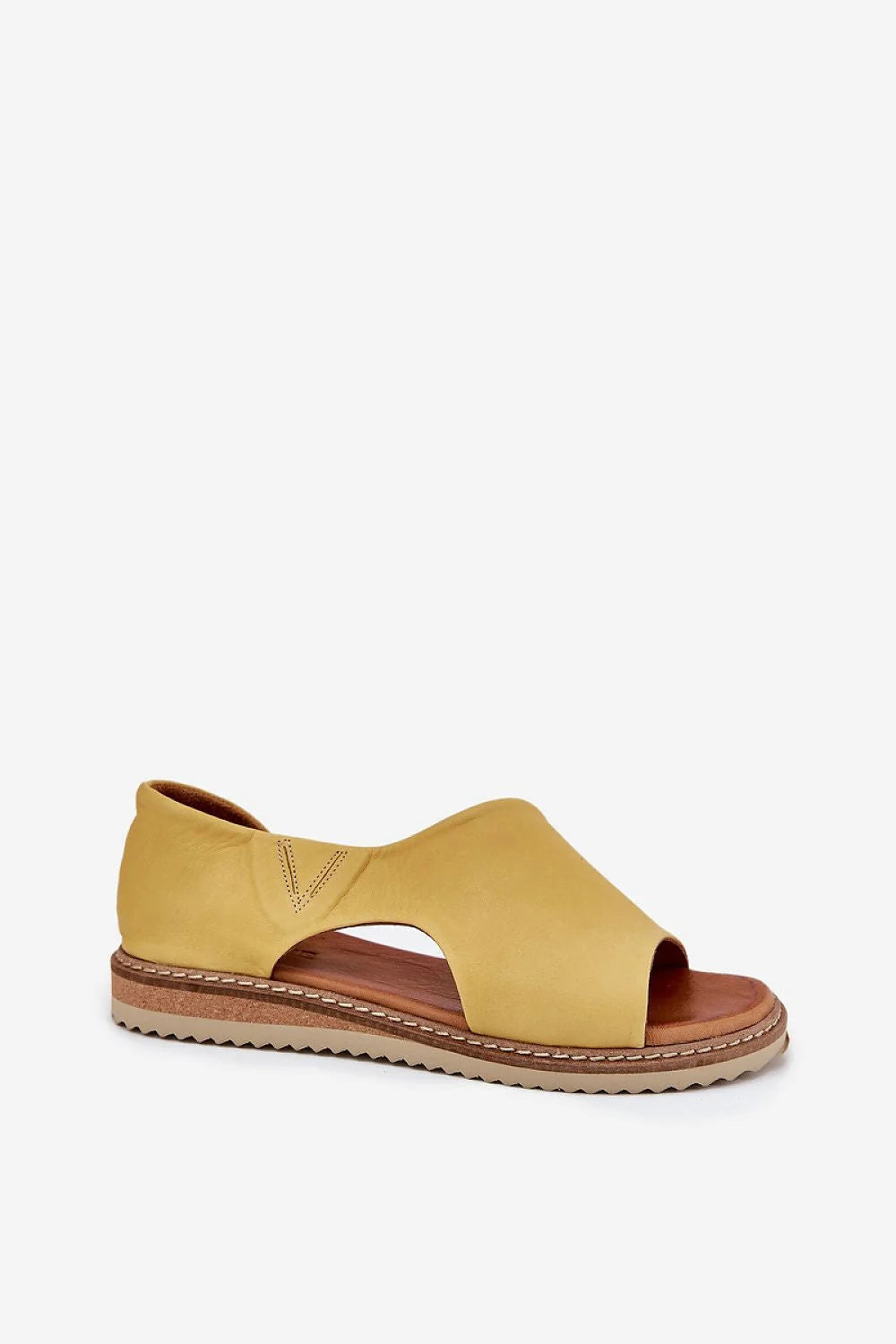 sandales femme cuir jaune moutarde asymétrique ouverture latérale bride cheville séparée semelle compensée crantée rembourrée confort estival élégant décontracté durable