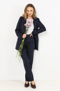 Pantalon femme awama en lin rayé bleu marine blanche coupe fuselée élégant confort tout-terrain style moderne