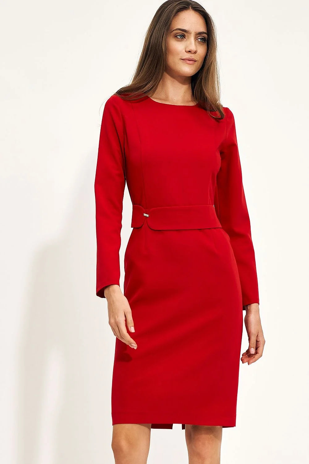 Robe de jour élégante manches longues rouge vif tissu élasthanne polyester viscose taille ajustable femme