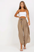 Pantalon femme taupe large coupe évasée style boho ceinture décorative taille haute viscosé 100% Och Bella