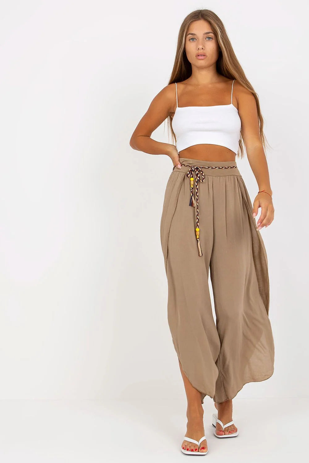 Pantalon femme taupe large coupe évasée style boho ceinture décorative taille haute viscosé 100% Och Bella