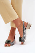 Sandales à talons carrés dorés pour femmes, design géométrique, fleur verte, cuir synthétique imprimé, ajustable, été 2023, Laura Messi