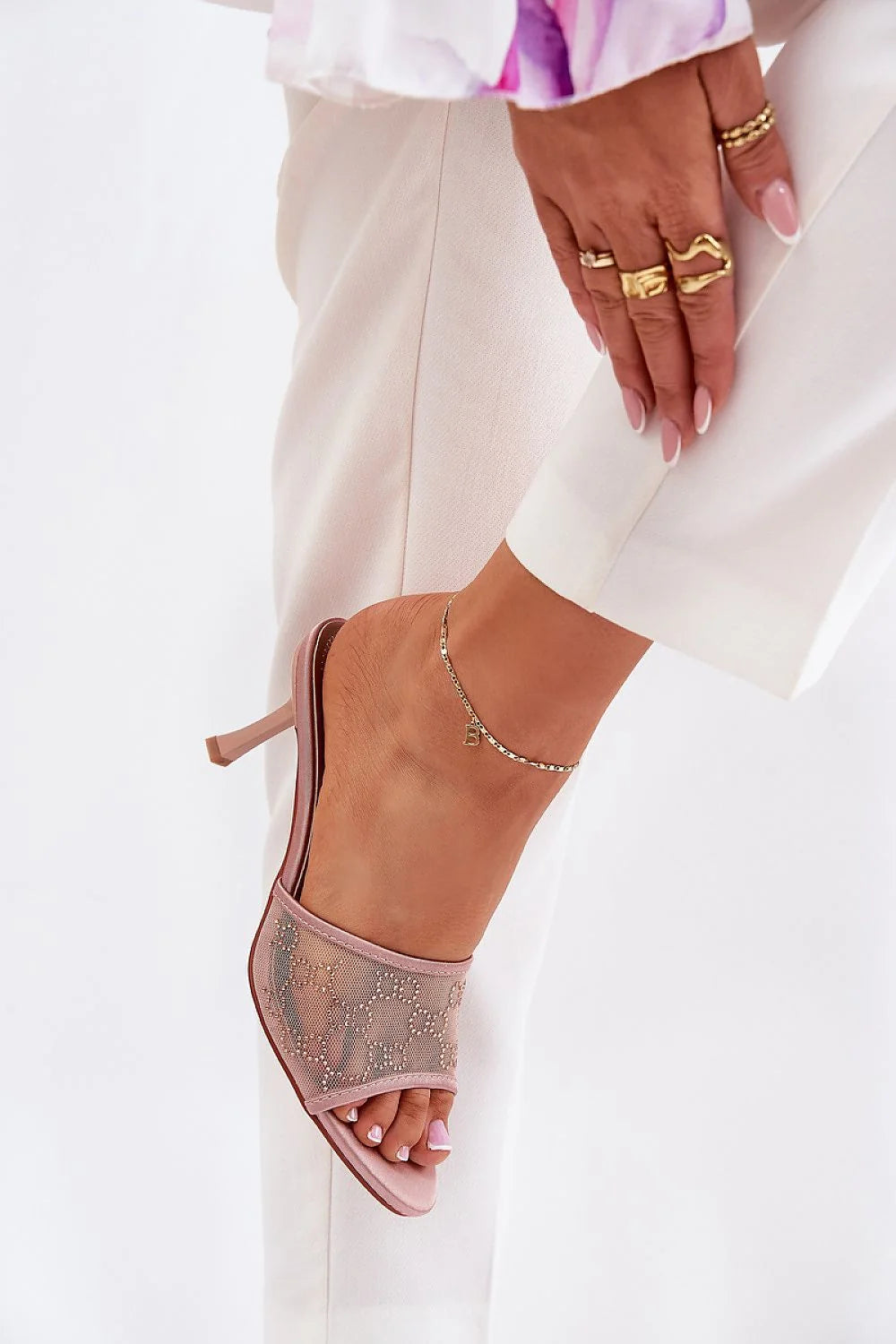 Mules à plateforme stiletto rose poudré tissu maille brodé motifs floraux semelle rembourrée sandales femmes occasions élégantes été