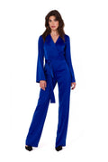 Combinaison élégante pour femme bleu vif tissu satiné manches longues encolure en V ceinture intégrée taille ajustable pantalon large