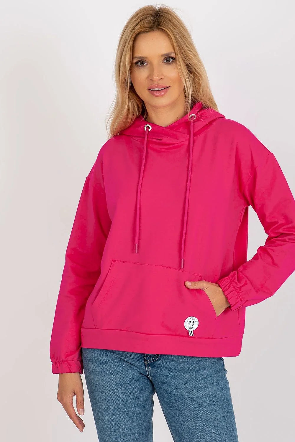 Sweat à capuche pour femmes design moderne couleur rose vif coton doux coupe ample manches longues poche kangourou logo souriant