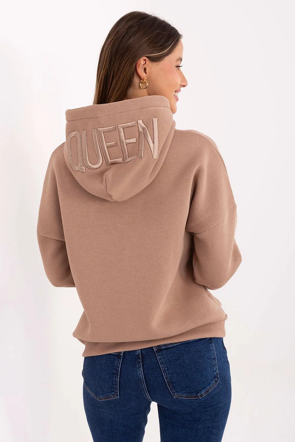 sweatshirt capuche femme oversize taupe molleton coton élasthanne doux extensible manches longues épaules tombantes poche invisible bordcôte ourlet mi hanche