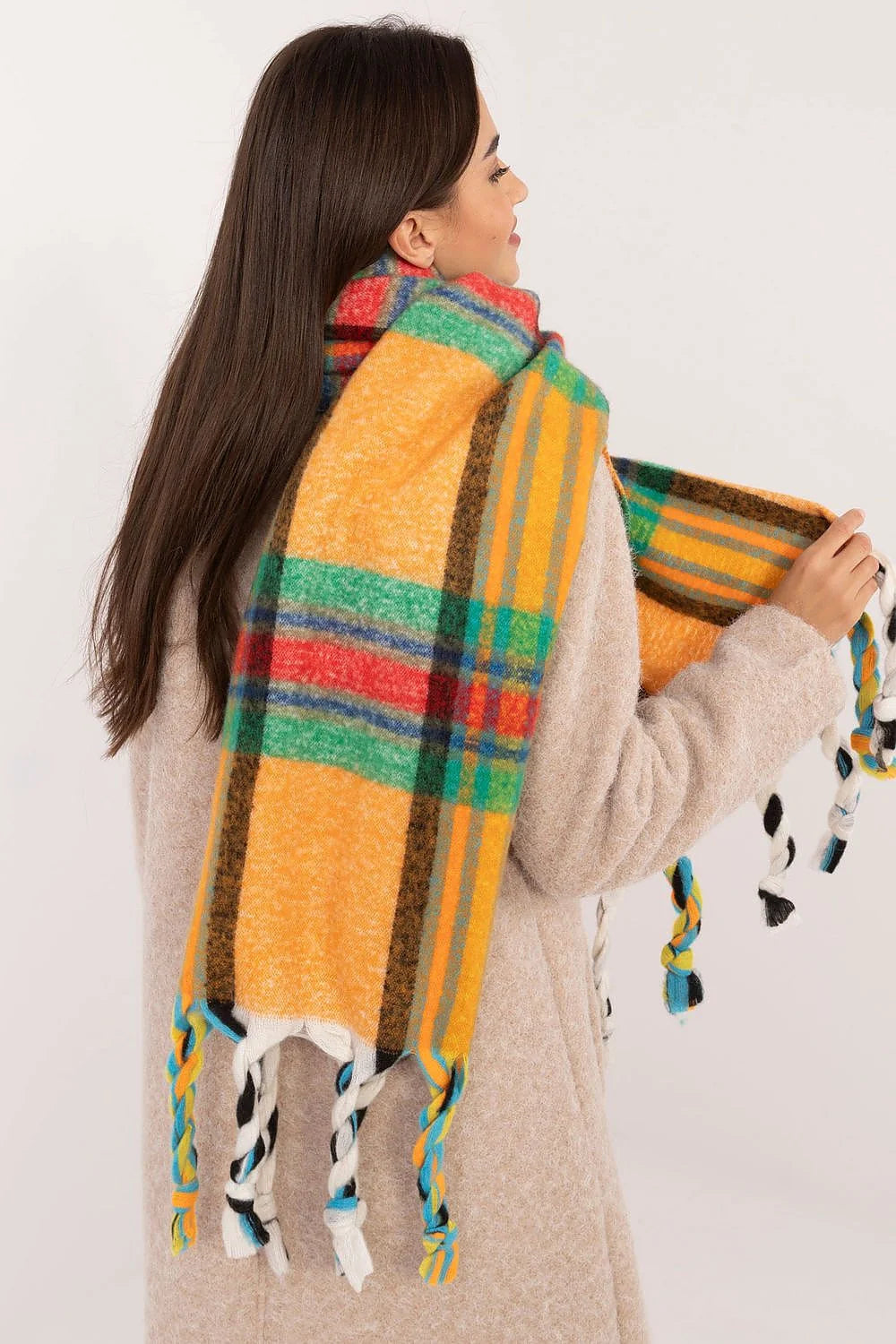 châle écharpe plaid foulard oversize XXL polyester doux épais duveteux moelleux carreaux multicolore tartan moutarde franges torsadées femme