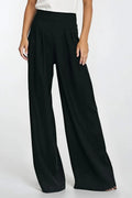 Pantalon long large femme style palazzo taille haute plis décoration tissu fluide noir confortable élégant
