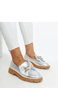 Chaussures basses pour femmes design moderne élégant mocassins argentés nœud satiné doré semelle plateforme confortable