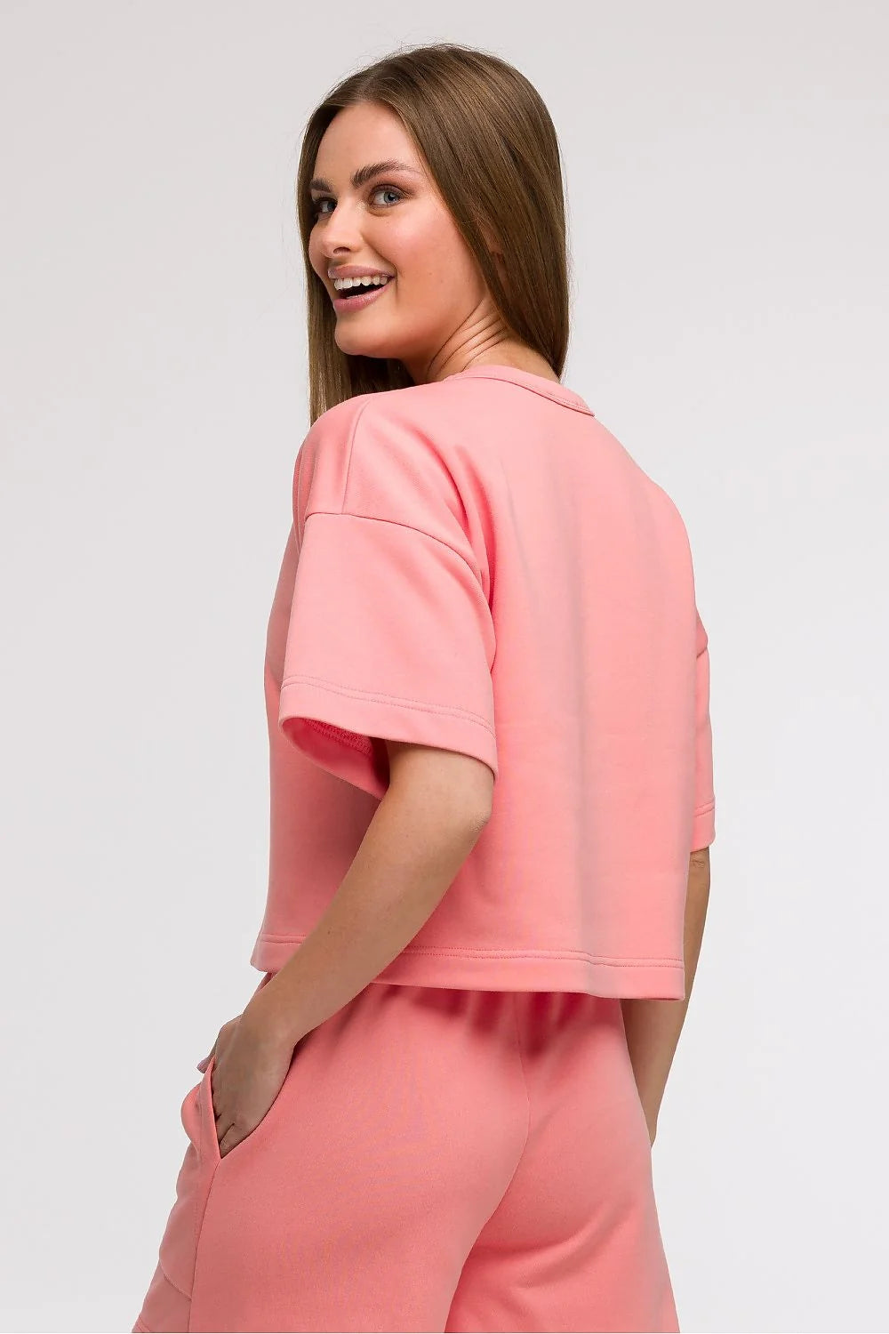 Ensemble mode femme t-shirt ample short taille haute rose saumon coton doux occasion été décontracté