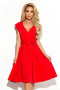 Robe de cocktail élégante en rouge vif manches courtes décolleté V plongeant ceinture ajustable femme