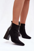 bottines femme suède cuir écologique noir talon bloc haut pointu cheville fermetureéclair doré bride mousse doublure confortable élégantes
