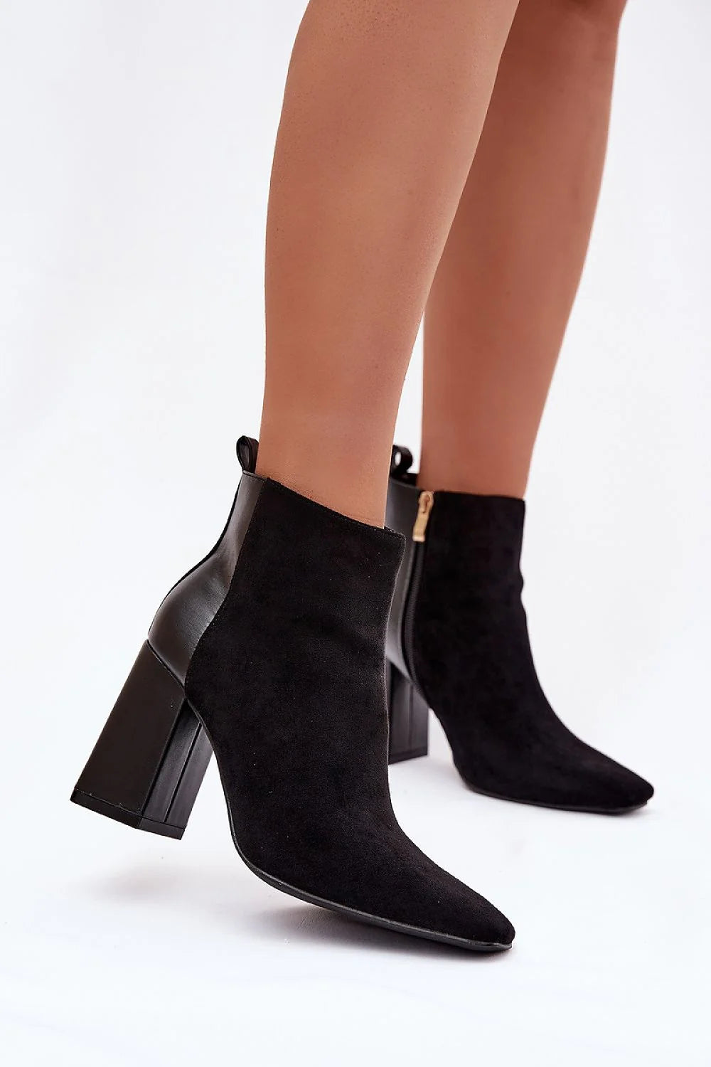 bottines femme suède cuir écologique noir talon bloc haut pointu cheville fermetureéclair doré bride mousse doublure confortable élégantes