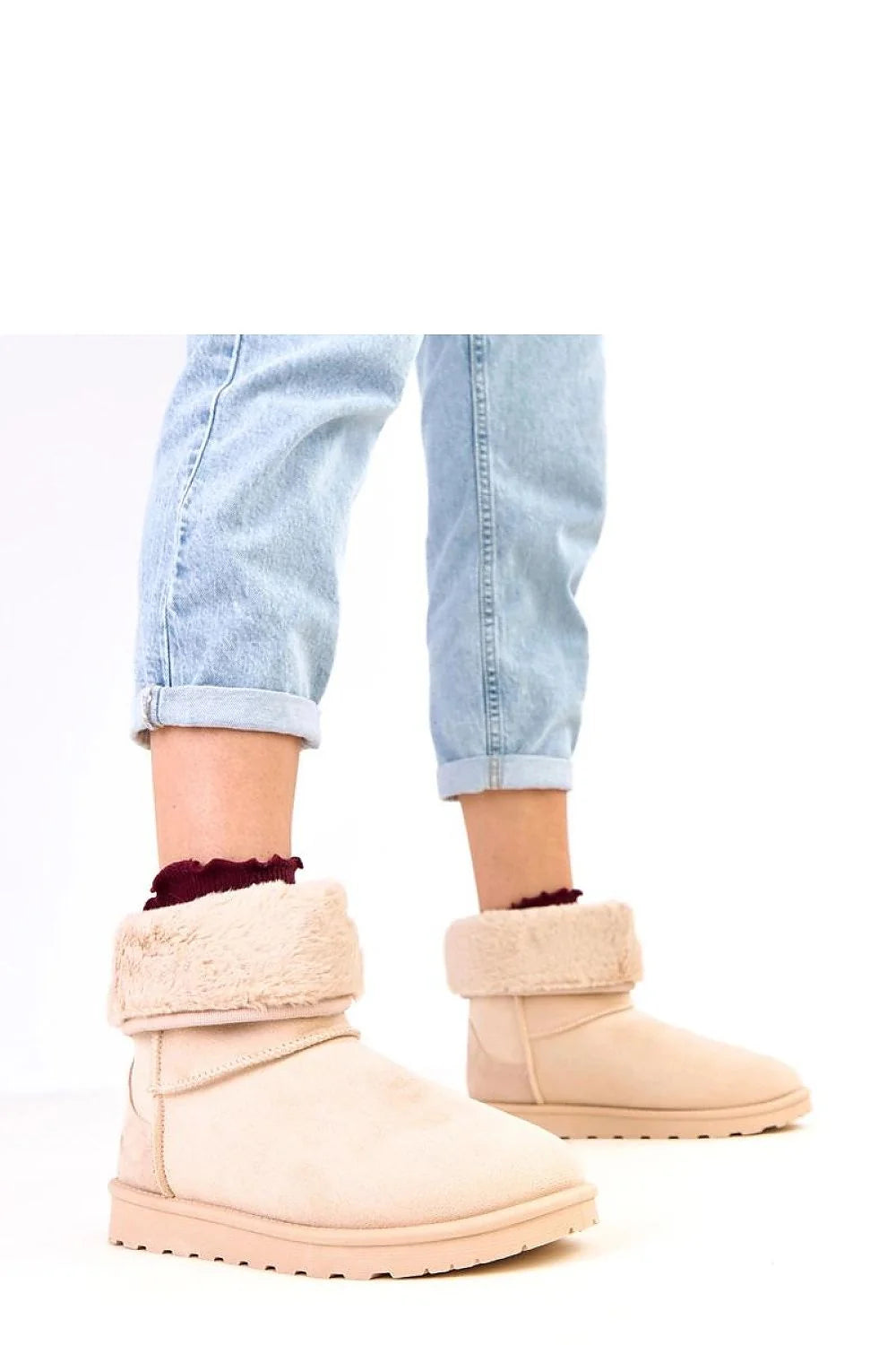 bottes neige femme Solea suédine beige rosé cheville bout rond col retourné fausse fourrure crème doublure chaude semelle crantée caoutchouc