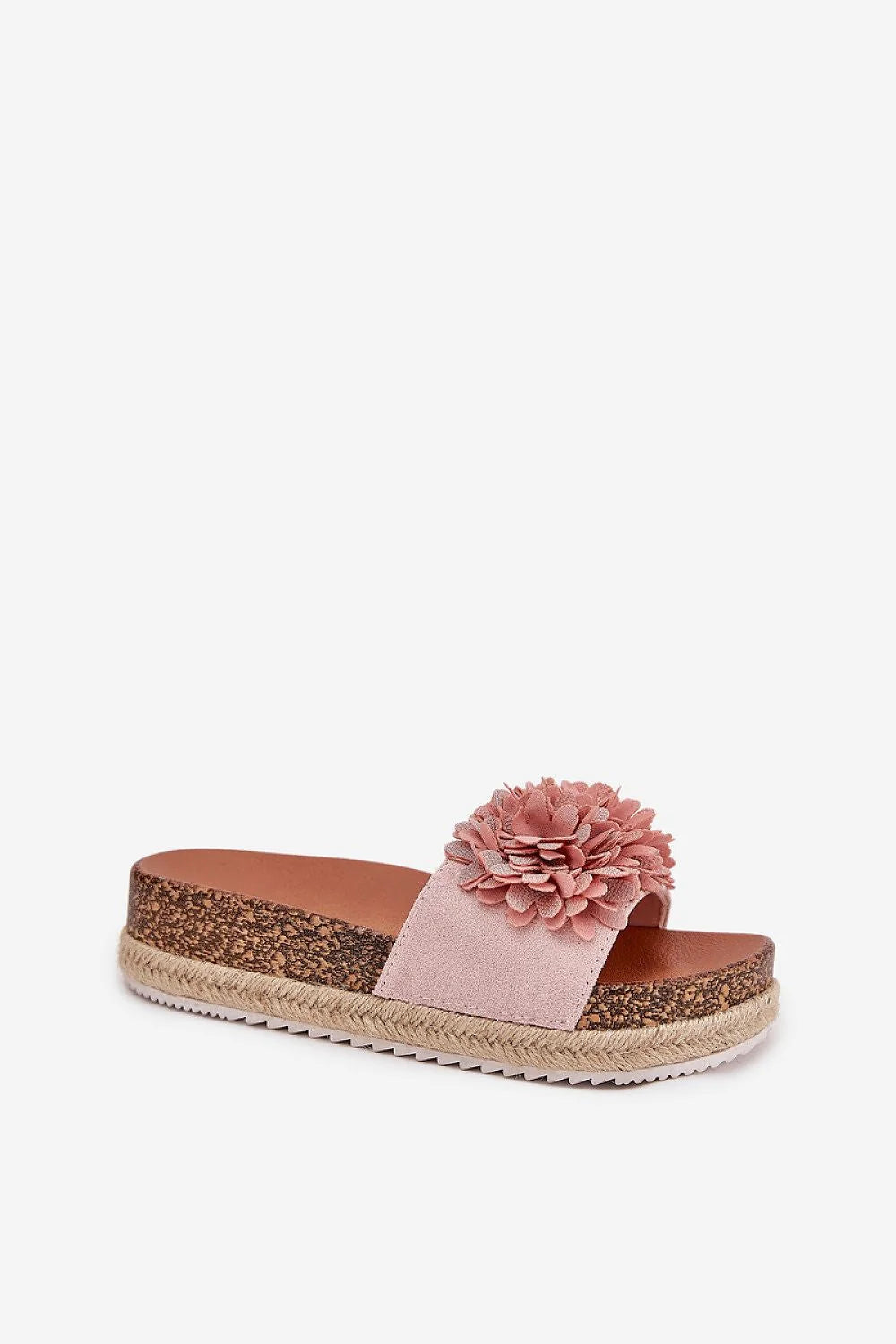 sandales mules femme plateforme espadrille rose poudré suédine pompon floral volumineux fleurs tissu liège tressé corde semelle compensée crantée antidérapante