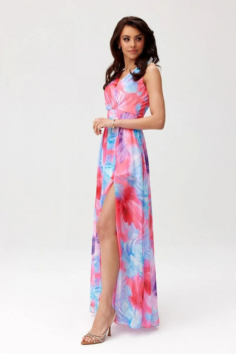 Robe longue pour femme design floral coloré coupe fluide sans manches fente devant occasion estivale