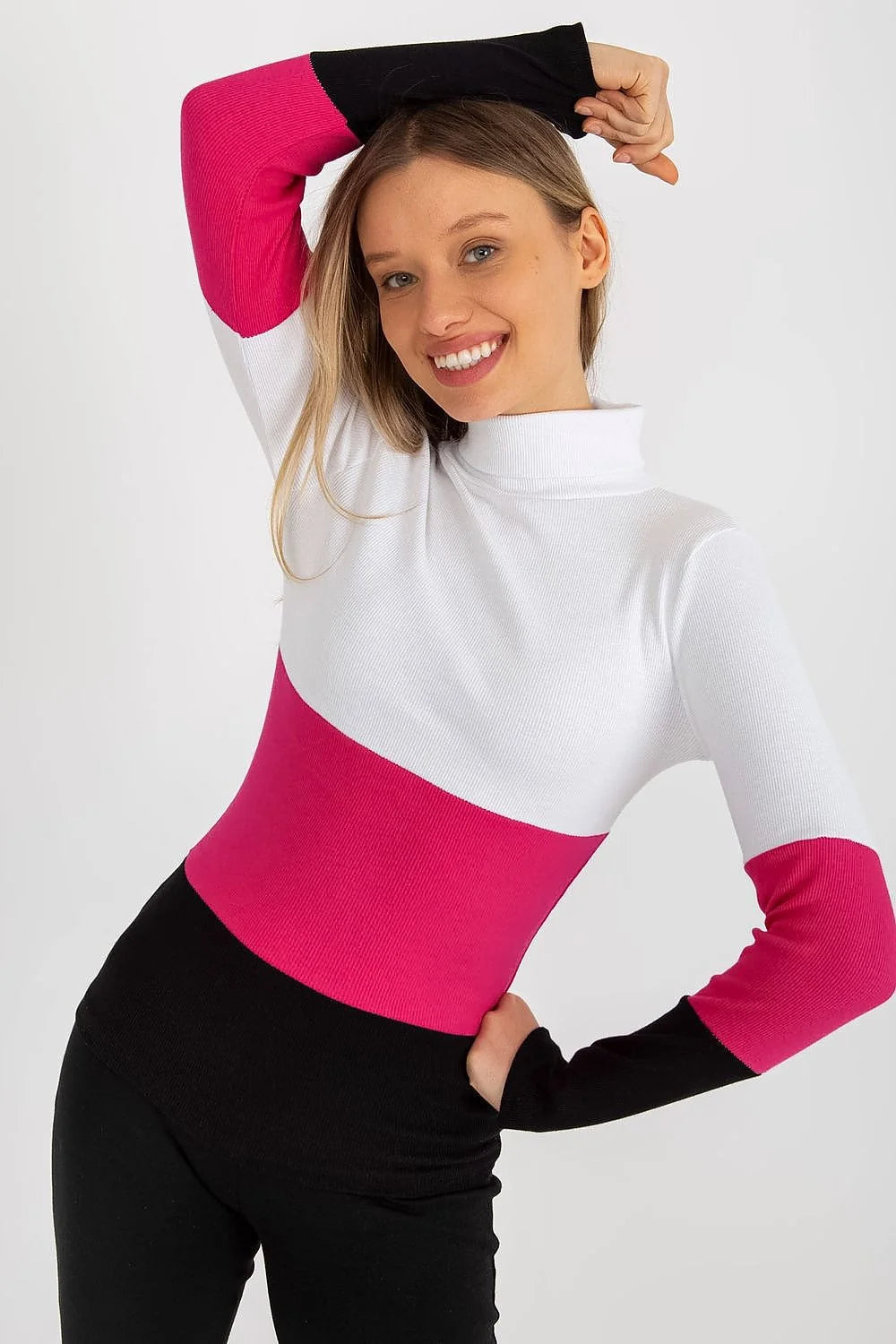 Pull col roulé multicolore maille côtelée coton élasthanne bleu rose vert ajusté manches longues ourlets nets design moderne