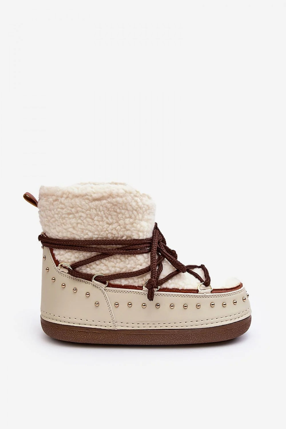 Bottes de neige pour femmes en fourrure synthétique et cuir écolo, style élégant et moderne, semelle massive, isolation intérieure, lacets épais, finitions métalliques dorées, parfait pour l'hiver quotidien