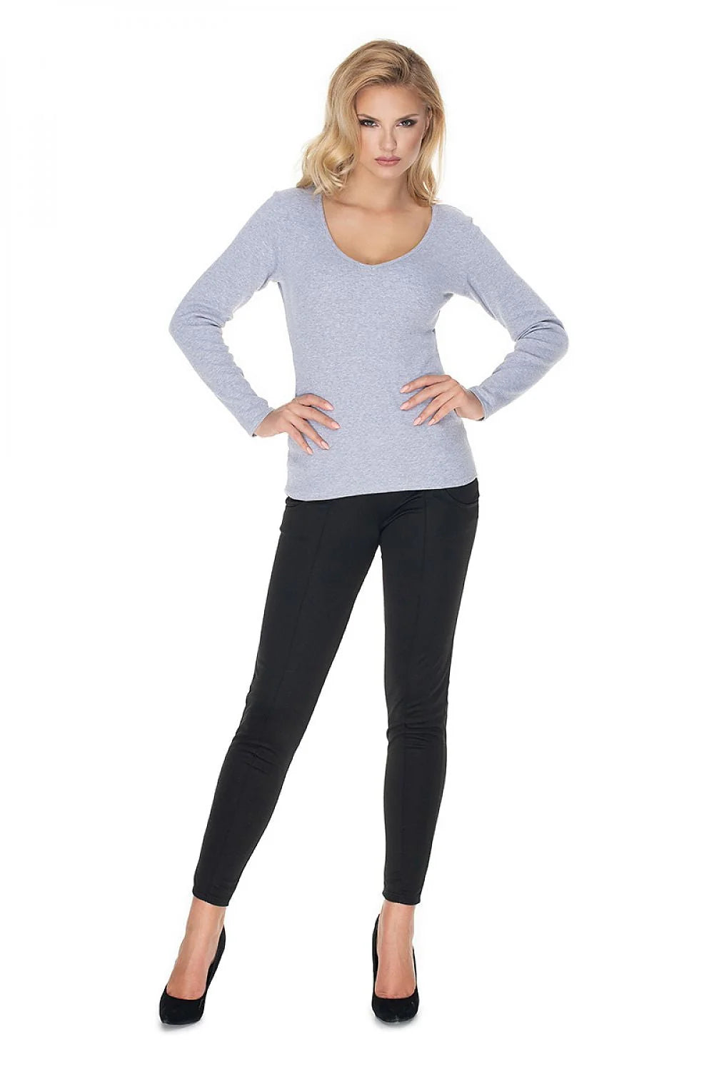 Pull femme coton élasthanne ajusté manches longues col rond élégant style minimaliste classique polyvalent