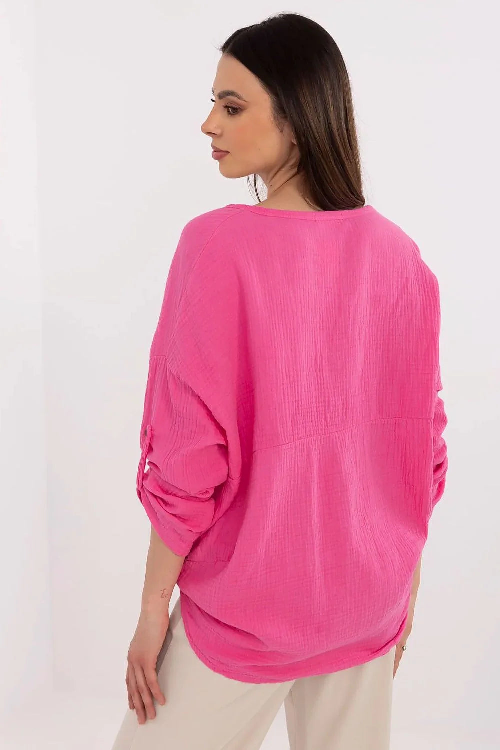 Chemise femme style décontracté élégant coton mousseline couleur rose vif col V manches longues retroussées nœud devant