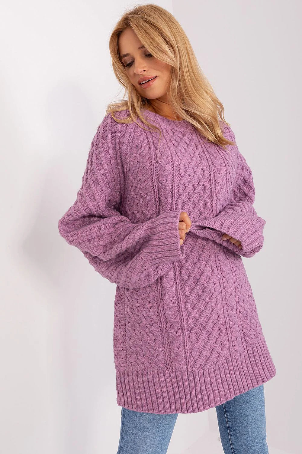 Pull long pour femme en tricot torsadé couleur violet clair coupe ample manches longues acrylique doux