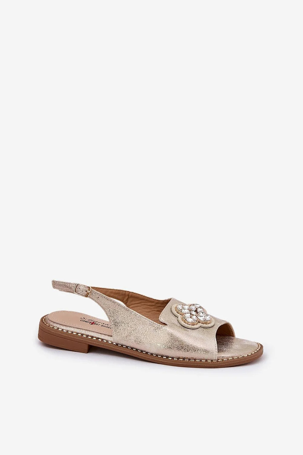 Sandales à plateforme pour femmes dorées ouvertes orteils détails floraux cristaux métalliques cuir artificiel confortables talon plat ajustables