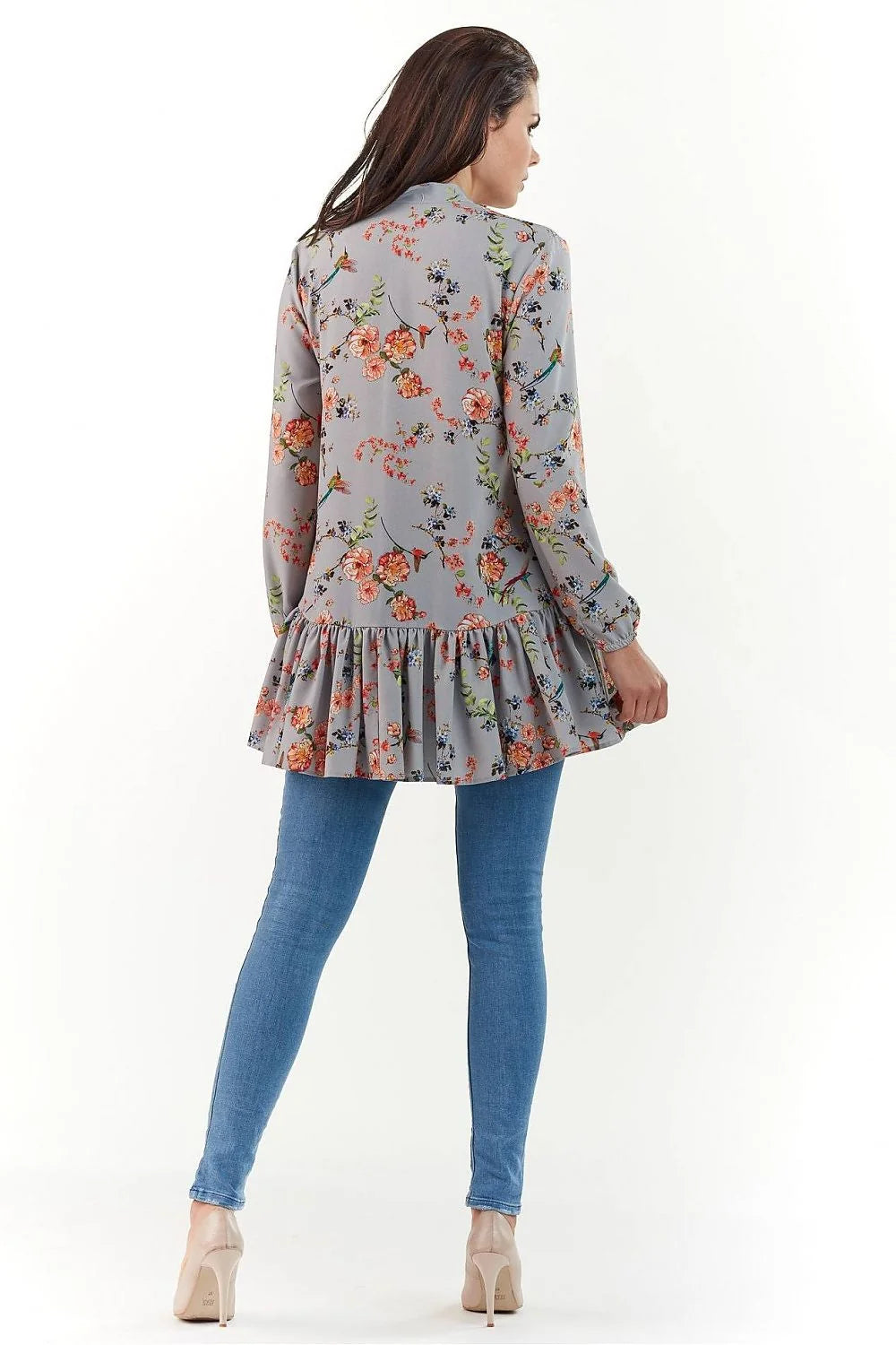 chemisier féminin élégant polyester élasthanne motif floral multicolore ample nœud lavallière manches longues bouffantes poignets élastiques volant bas