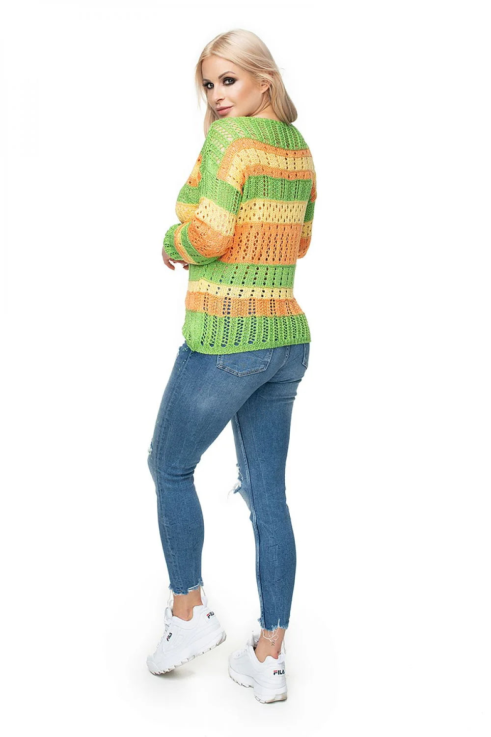 Pullover féminin maille ajourée rayures colorées orange rose jaune manches longues col rond coupe ample maille respirante vêtement mode été printemps