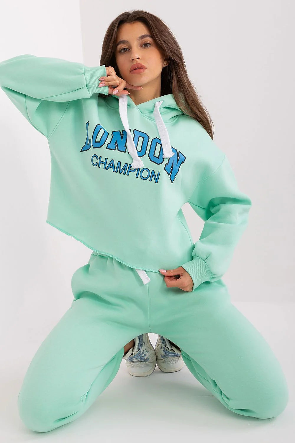 Ensemble de survêtement décontracté pour femme style urbain London Champion vert menthe sweat à capuche pantalon jogging coton polyester