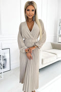 Robe cocktail Numoco design élégant longueur midi manches longues ceinture large boucle ronde tissu fluide polyester 100% production européenne femmes