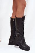 bottes hautes femme cuir naturel talon bloc 6cm semelle crantée lacets intégral œillets métalliques fermeture éclair doublure chaude