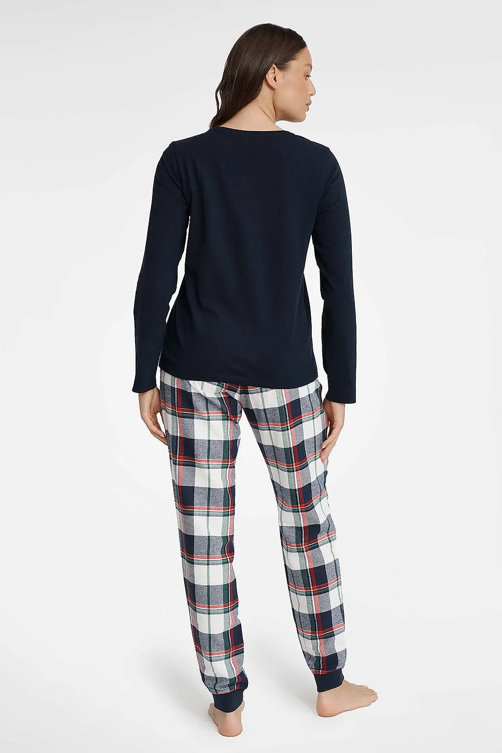 Pyjama Henderson pour femme, ensemble deux pièces, coton 100%, chemisier bleu marine, pantalon à carreaux, taille élastique, manches longues, style festif, confort max